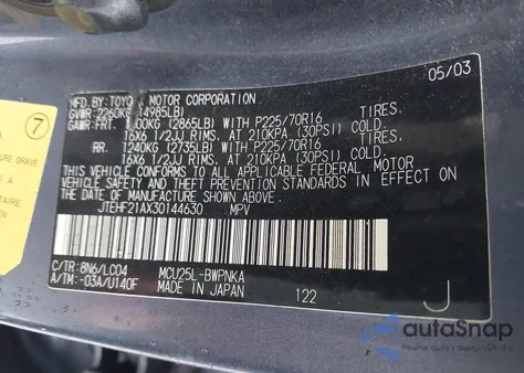 2003 Toyota Highlander Limited V6 from USA, damaged, VIN JTEHF21AX30144630